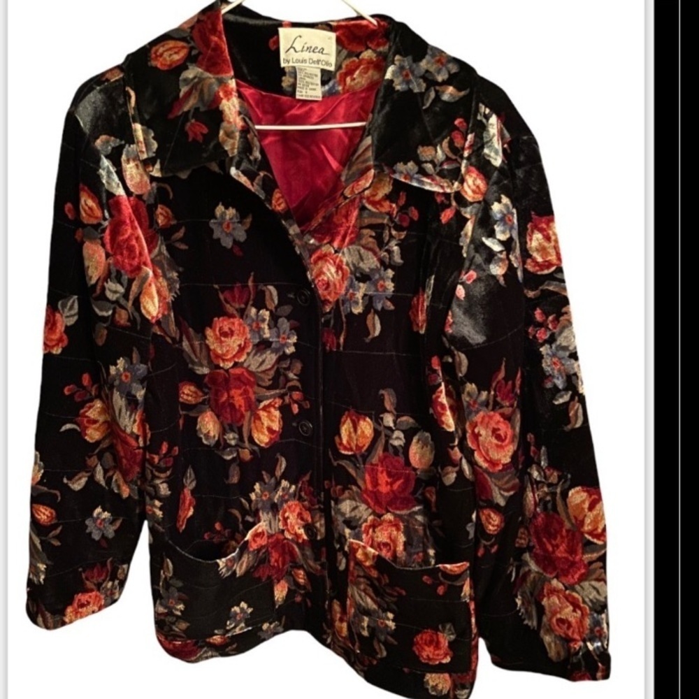 Linea By Louis Dell’ Olio Vintage Black with Bright Floral Velour Button Blazer - Picture 8 of 8